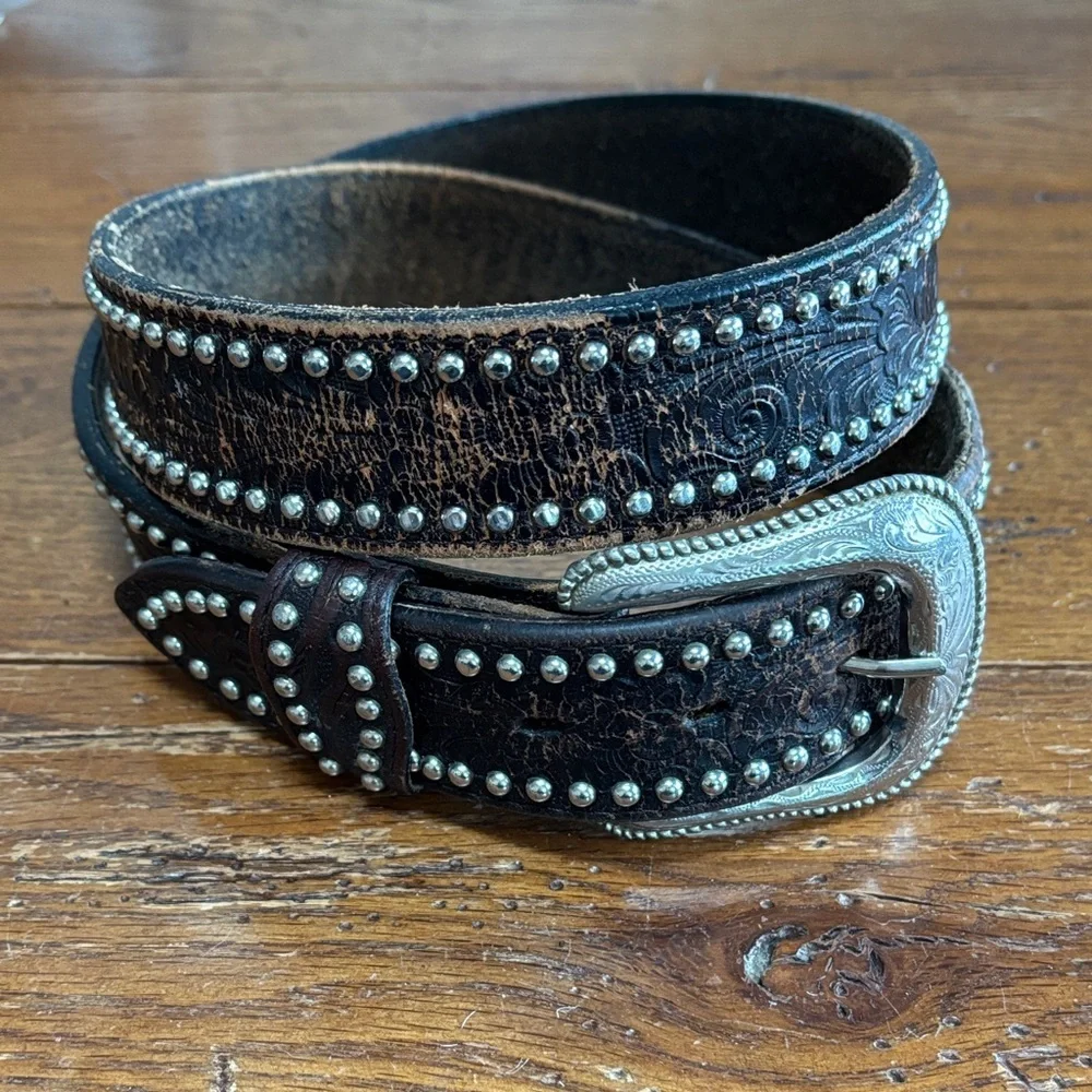 Vintage Brown Leather Tooled Silver Studded Western Belt Men’s Size 38